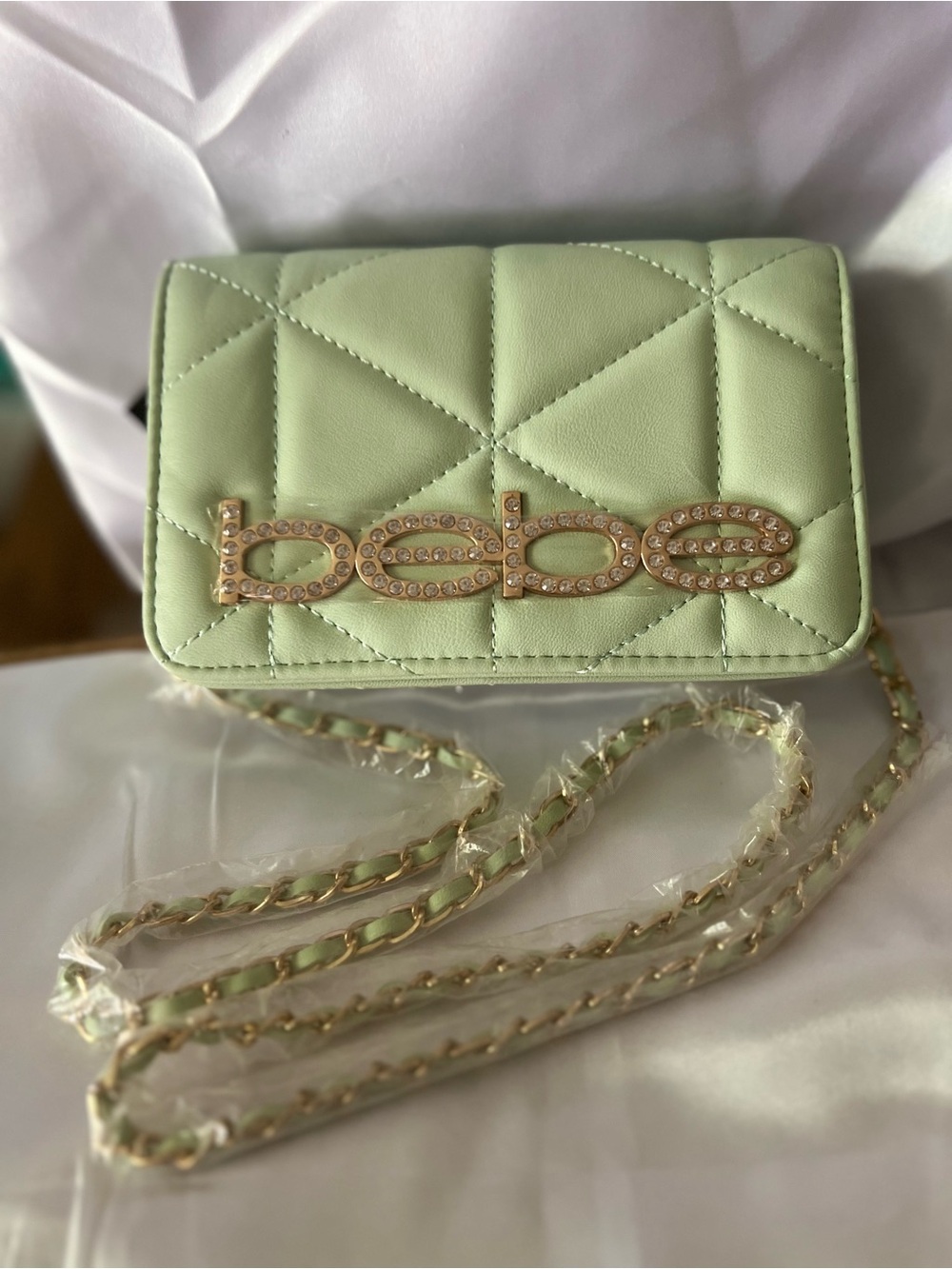 bebe Quilted Mint Green Crossbody with Crystal Logo